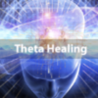Abstract design with 'Theta Healing' text and a stylized human head.